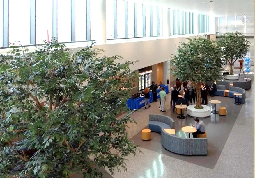 "Modern office atrium with artificial indoor trees, natural light, and people networking around seating and tables."