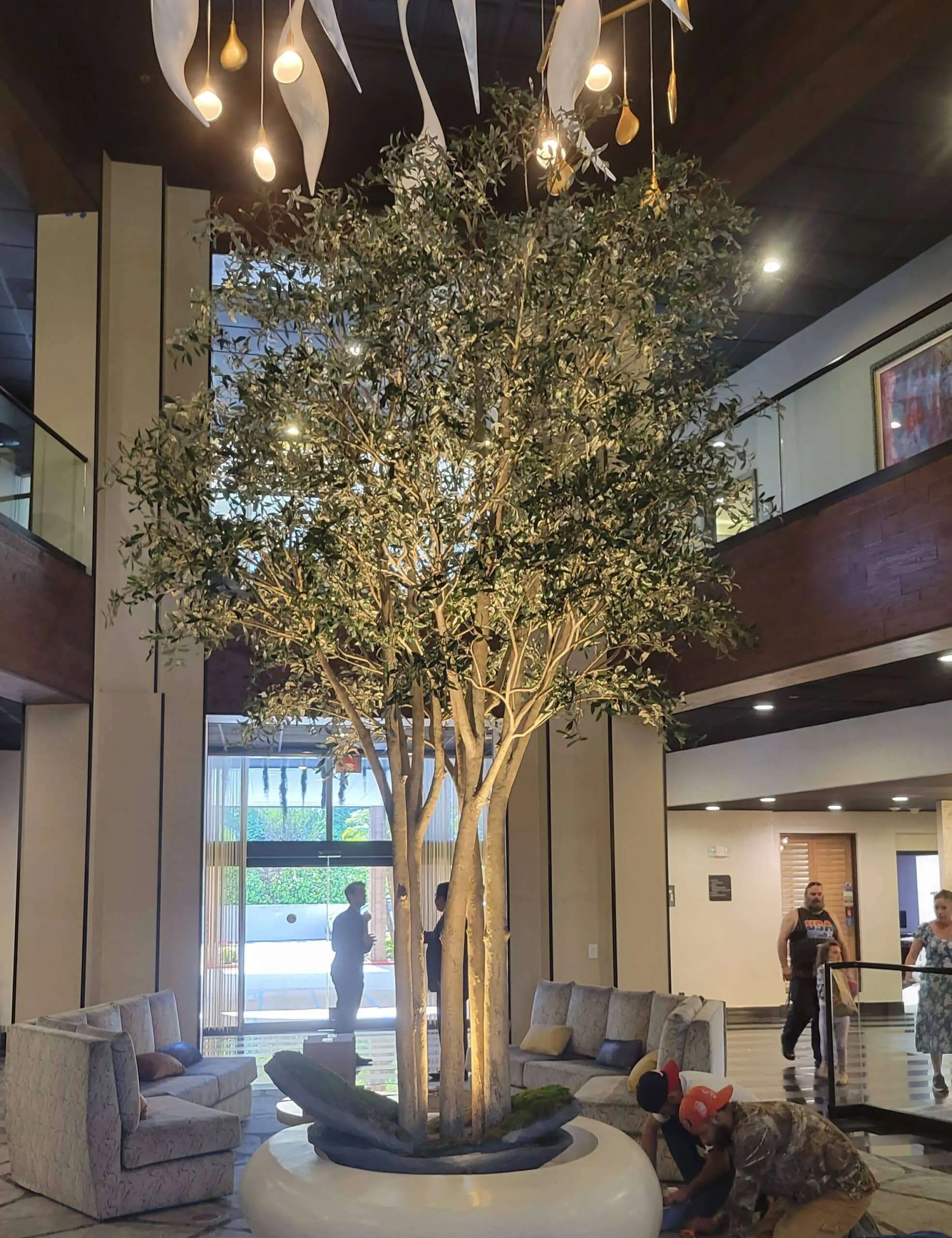 Hotel lobby with indoor tree in round planter, lounge seating and sculptural pendant lights—modern biophilic interior design.