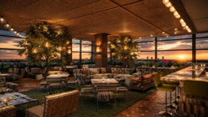 Cozy rooftop lounge at sunset Cozy rooftop lounge at sunset
