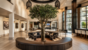 Elegant hotel lobby with tree centerpiece Elegant hotel lobby with tree centerpiece