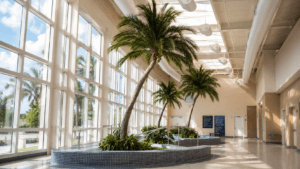 Modern atrium with tropical palms