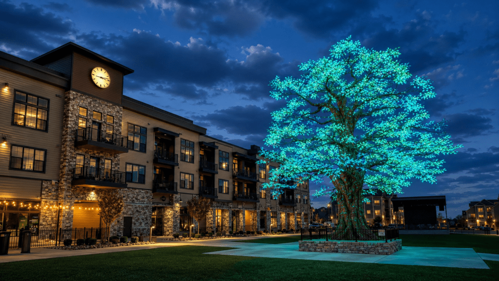 Teal tree under a twilight sky