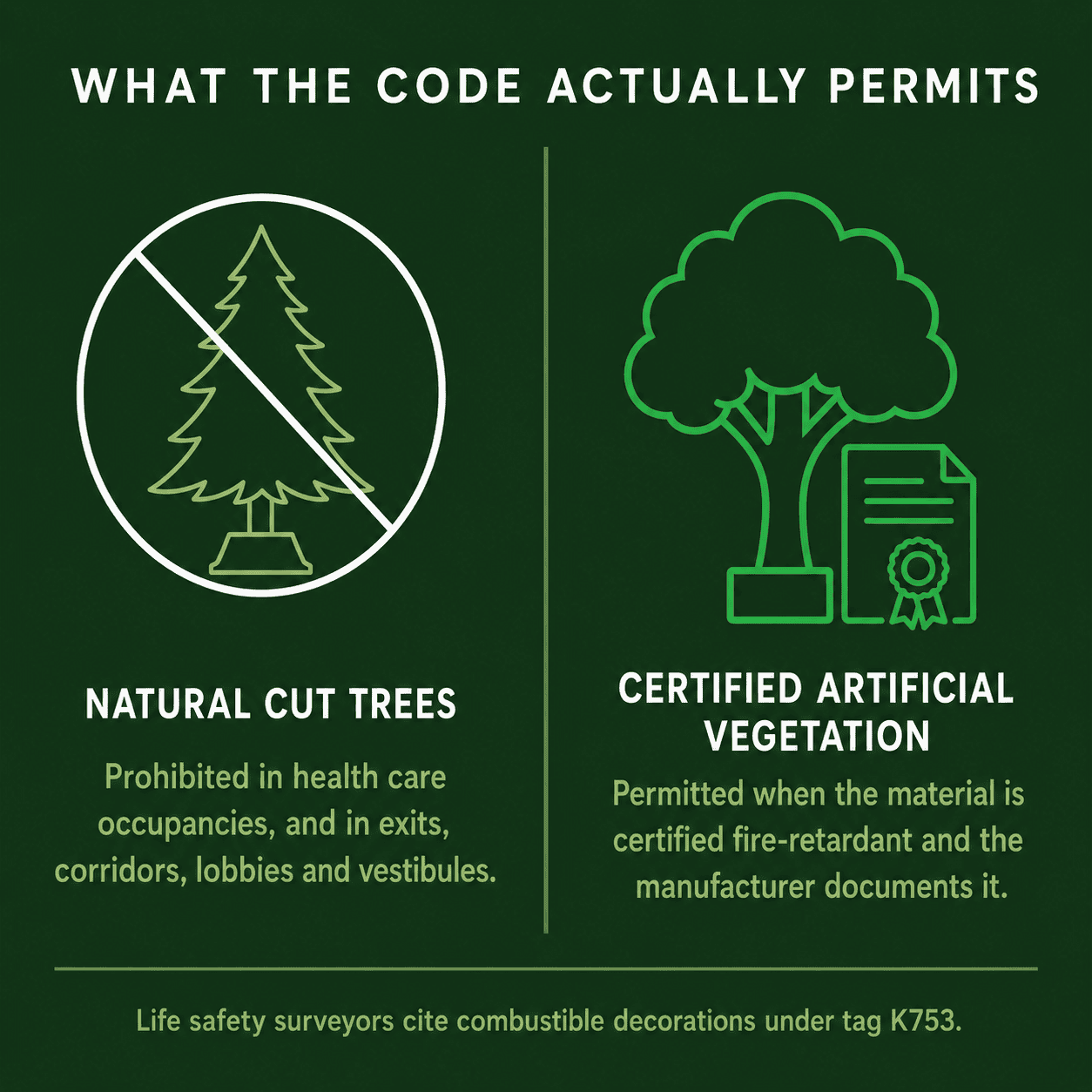 Fire code position on natural cut trees versus certified artificial vegetation Fire code position on natural cut trees versus certified artificial vegetation