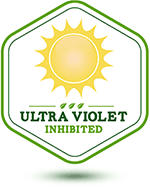 UltraLeaf-X® UVI foliage seal reading Ultra Violet Inhibited, with a yellow sun in a green hexagon