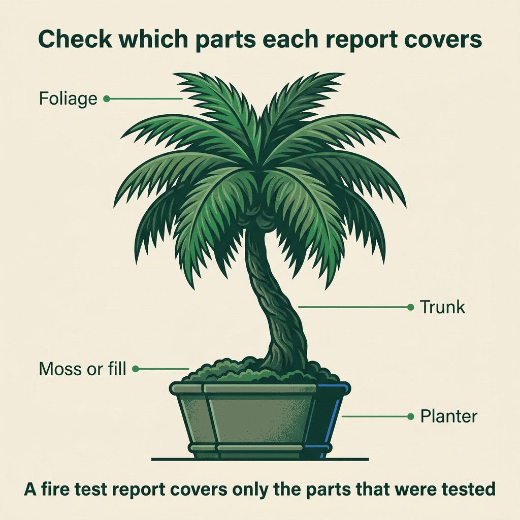 Illustration of a large artificial palm with foliage, trunk, moss or fill, and planter labeled for fire test coverage