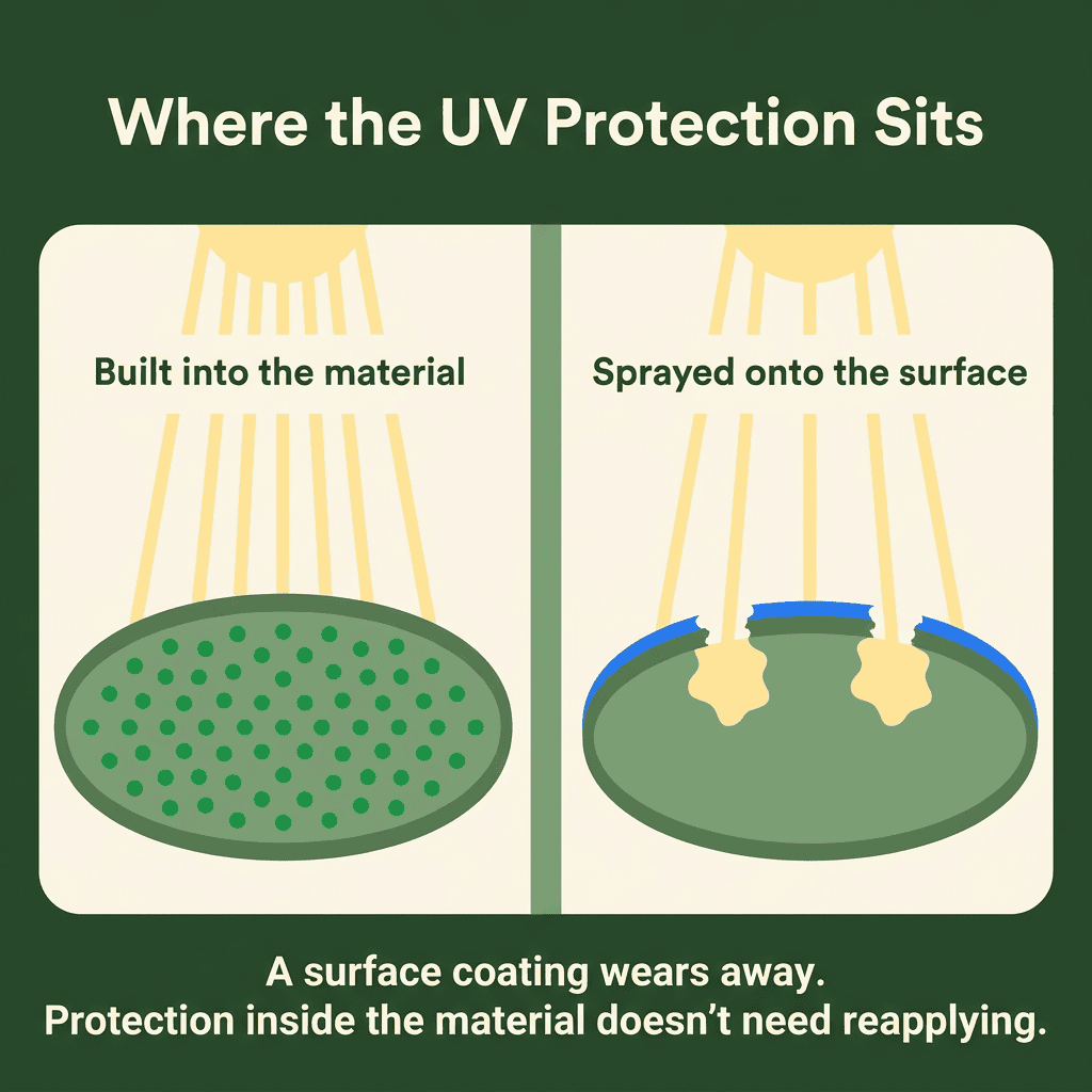 Split illustration comparing leaf cross-sections: protection mixed throughout versus a thin surface coating worn through