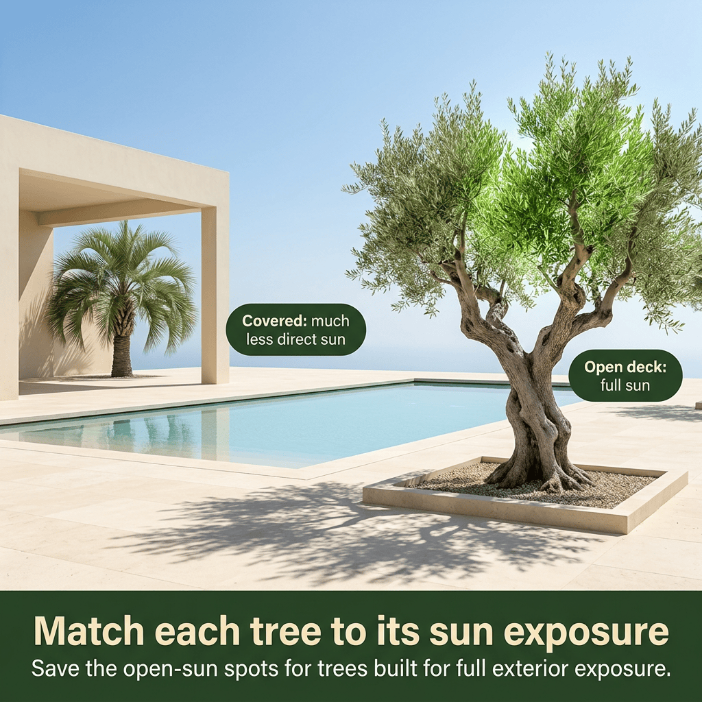 Resort pool deck with a palm in a covered pavilion’s shade and a sculpted olive tree standing in open sun