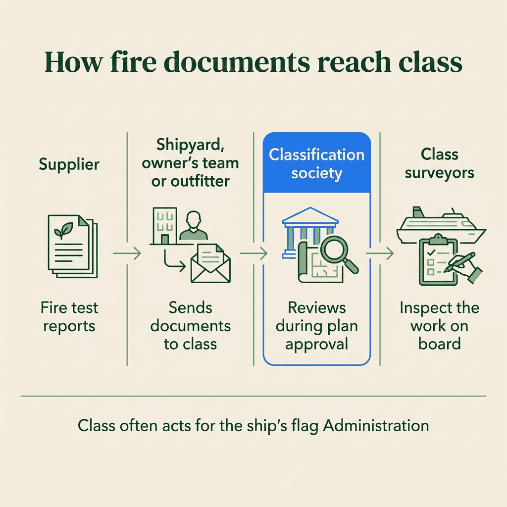 Four-step flow of supplier fire test reports passing through the shipyard or outfitter to class review and on-board survey