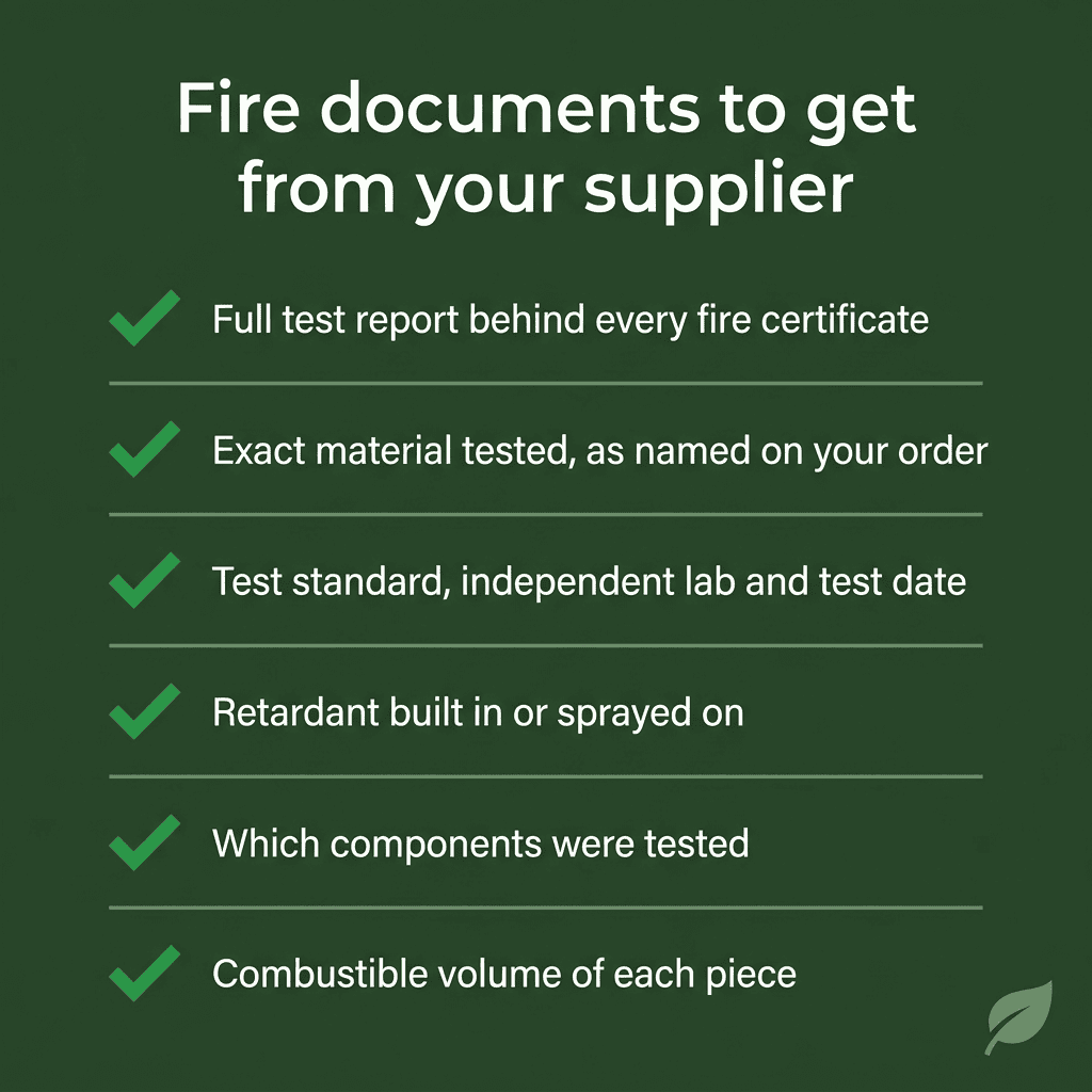 Checklist of six fire documents and details to request from an artificial plant supplier for a cruise ship project