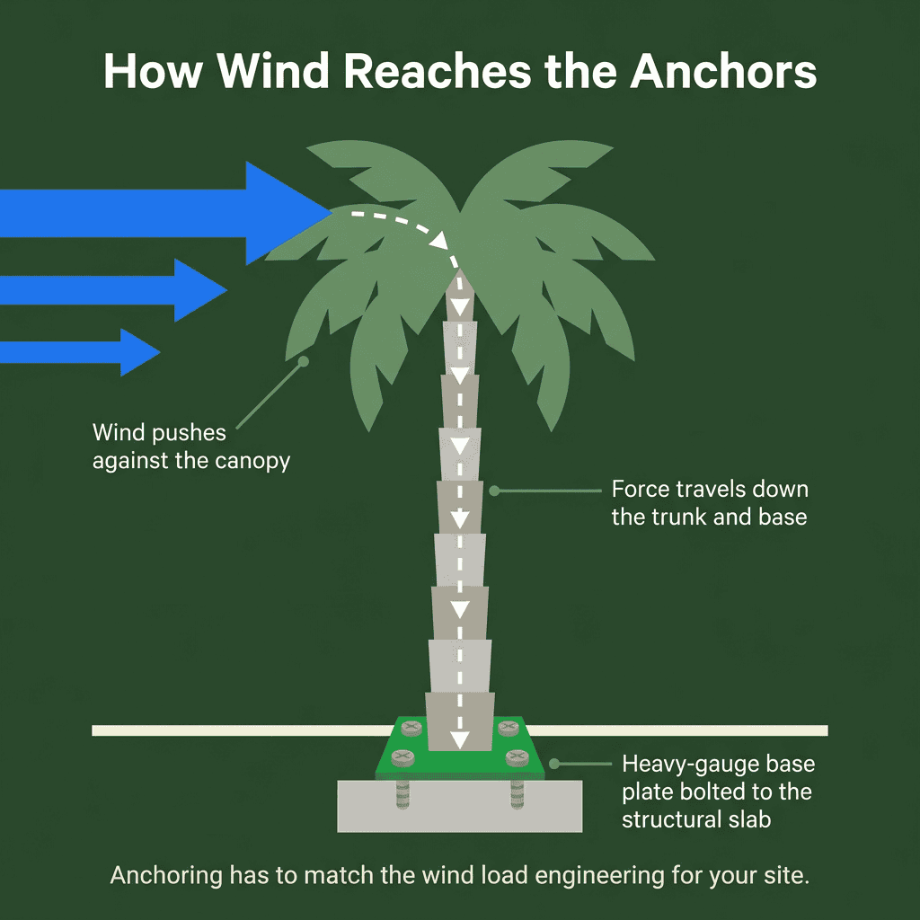 Flat diagram of wind pushing a palm canopy, with force traced down the trunk to a base plate bolted to a concrete slab